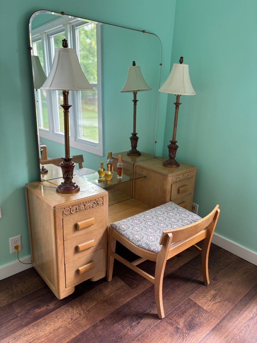 Gorgeous vintage bedroom set with carved features. Vanity, Bed, Side table & dresser. Sold individually.