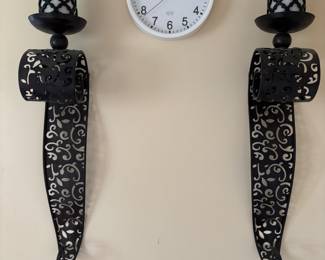 Metal candleholders with artificial candles on top (sold separately). Simple, cute wall clock.