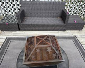Outdoor loveseat, Side tables & Firepit. NOT yet pictured- Chaise lounge that matches loveseat & outdoor table set. Cushions included with all outdoor furniture.