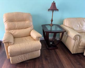 Automatic recliner leather chair. Side Table and lamp (1 of 2, matching lamps).