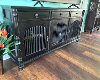 Large cabinet & three drawers, dark wood, with palm tree hardware - unique! Matches additional furniture