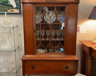 Vintage wood and glass pedestal China cabinet 70.5” tall 38” x 16” $260 + tax
