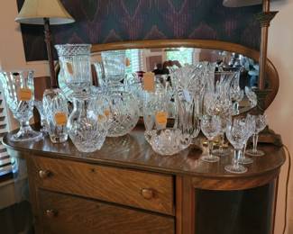 Various Makers, Lenox, Waterford, Cambridge Noritake. Note: Oak Mirrored Server with bow glass corners.