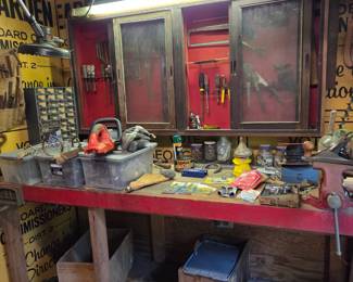 Craftsman bench vise, various hand tools. Black & Decker trimmers, (cordless)