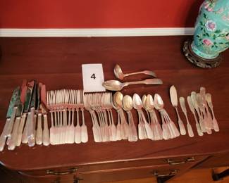 Gorham "Old English Tipt" Partial Service for ten. Circa 1947. 98 oz. Monogram "L" Estate Condition.
