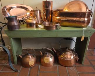 Mixture of French, English and American copper tableware.  Late 19th century to mid 20th century. 
