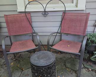 Pair of light-duty armchairs,  drum table and a heart shaped espalier. 