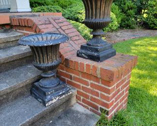 Pair of cast aluminum Classical Form Urns. Both measure appropriately 30" high.