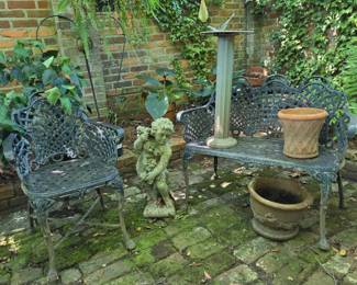 Cast Aluminum bench & chair. A decorative sun dial, two Porto terracotta pots and a garden allegory statue "Autumn".