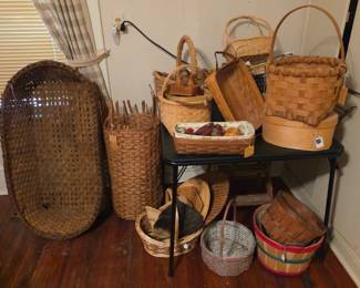 Collection of baskets. antique cotton basket, decorative baskets & Longaburger baskets.