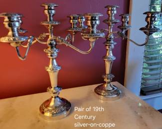 Pair of 19th Century Silver-on-Copper convertible candelabras, they retain all 10 bobeche. 