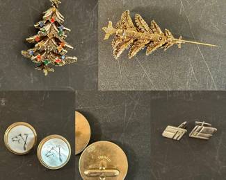 MOP Horse Heads Swank Cufflinks
Signed Art Christmas Tree Brooch missing 1 stone
