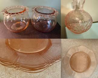 ( 2 ) vintage Anchor Hocking Old Colony pink depression glass bowl with an open lace edge