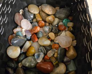 Tumbled and polished stones-which are different crystals. There are tiger eye, rose quartz,amethyst, tourmaline, citrine, flourish and so on
