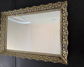 Vintage 40s/1940s Mid Century Gold Tone Metal Mirror Vanity/Dresser Perfume Tray Hollywood Regency Gold Tone Approximately 16” x 11”