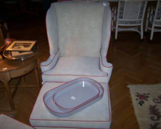 SUEDE-COVERED WING CHAIR& OTTOMAN