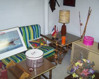 RATTAN LAMP TABLE, LAMP & MISC.