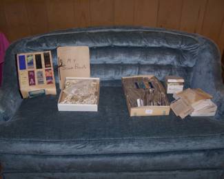 BLUE VELVET SETTEE & OLD PAPER ITEMS