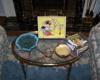 POPEYE PRINT, NANCY DREW BOOKS & MISC. ON BRASS & GLASS COFFEE TABLE