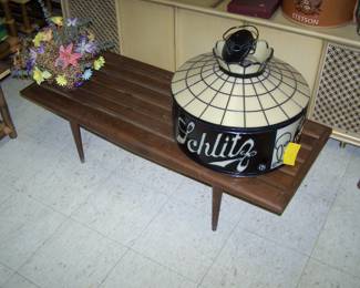 SCHLITZ HANGING LAMP, MCM COFFEE TABLE & FAUX FLOWERS
