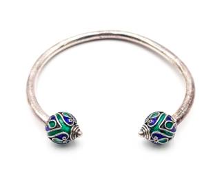 Sterling Silver 925 Cuff Bangle w/ Enamel Ends