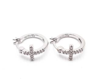 Sterling Silver 925 PAJ Hoop Earrings With CZ Cross