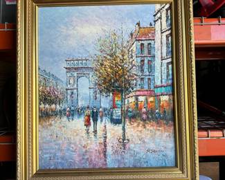 P. Sanchez Oil Painting of Paris Cityscape Arc de Triomphe