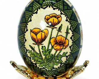 Vintage Pysanka Egg w/ Poppy Designs & Stand