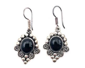 MWS Mexico Sterling Silver Black Onyx Dangle Earrings