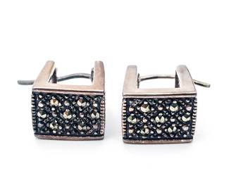 Vintage Marcasite Sterling Silver Square Hoop Earrings