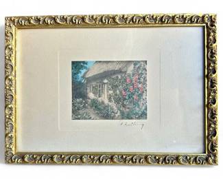 Wallace Nutting Hollyhock Cottage Hand-Colored Photo