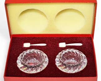 Vintage Baccarat Crystal Salt Dip Set w/ Ivory Spoons