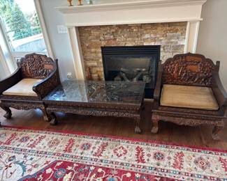 Hand Carved Teak or Hardwood Elephant & Jungle Scene – Pair of Arm Chairs & Glass Top Coffee Table