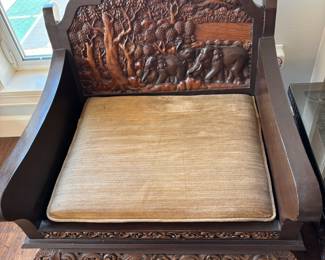 Hand Carved Teak or Hardwood Elephant & Jungle Scene – Pair of Arm Chairs & Glass Top Coffee Table