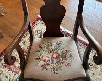 Queen Anne Style Arm Chair with Floral Needlepoint Seat