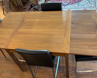 Mid Century Ansager Mobler Danish Teak Dining Table, Set of 4 Mobital Black Dining Chairs