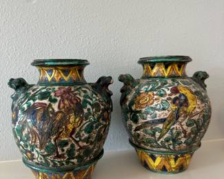 Pair of Circa 1900s Aretini Italian Majolica Sgraffito Pottery Vases