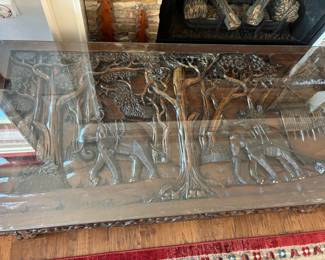 Hand Carved Teak or Hardwood Elephant & Jungle Scene – Pair of Arm Chairs & Glass Top Coffee Table