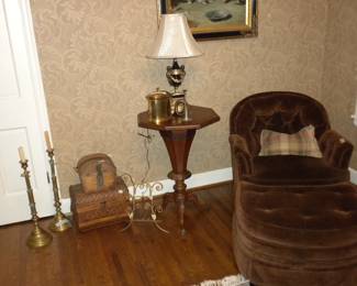 Antique 19th Century Victorian Rococo Revival Rosewood Tripod Sewing Stand Table, Solid Brass Hearth Candle Holders, Comfortable Swivel Stuffed Upholstered Chair with Matching Ottoman 