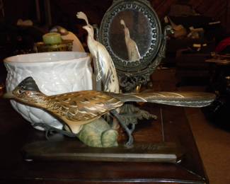 McCoy Jardiniere, Hand Carved Wood, By Ken White, Master Series, Water Buffalo Peacock Hand Carving, Ornate Metal Vanity Mirror