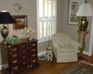Council Craftsman, Denton, S.C. Mahogany 4 Drawer Chest with Brass Handles, Plant Stands, Small Upholstered Chair, Urn Lampm Large Brass Lamp