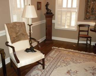 Vintage Hickory Mahogany Upholstered Lolling Chair, Solid Brass Floor Lamp
