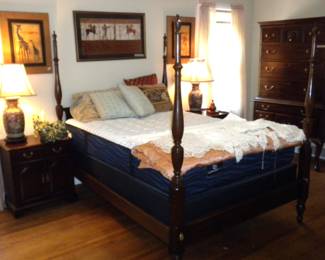 Full Size Poster Bed, High Boy Chest of Drawers, Night/Side Tables, Virginia Galleries made from Solid Wild Cherry 8 Drawer Lingerie Chest of Drawers,  Vintage Bergere Chair