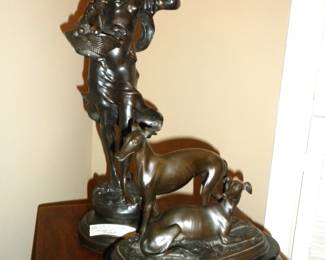 17" Mid 20th Art Deco Bronze Sculpture Wind Girl,  Pair Bronze Figure Whippet hounds
