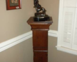 Antique Pr Old English Walnut Plant Stands / Pedestals, 17" Mid 20th Art Deco Bronze Sculpture Wind Girl,  Pair Bronze Figure Whippet hounds
