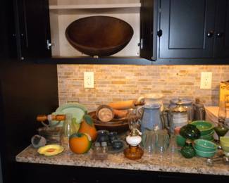 Large Woor Dough Bowl, REgular Wood Dough Bowl, Wood Butter Molds, Antique wood Rolling pins,  Square Cake Holder with Glass plate, Gray Granit and Pewter Coffee Pot, Small Oil Lamps, Crock, Buttermilk Pitcher 