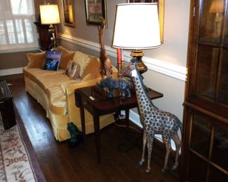 Mahogany Drop Leaf End Table, Tall Leather Covered Giraffe , Vintage 7' Curved Low Back Sofa