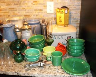 Fiesta ware, Square Cake Holder with Glass plate, Gray Granit and Pewter Coffee Pot, Small Oil Lamps, Crock, Buttermilk Pitcher 