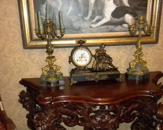 Vintage Beautiful Hand-carved Mahogany Console Tablem Antique Ornate Pair of Baroque Style Candelabra  5-Light Candle Holders, Antique Ansonia Bronzed Metal Figural Mantel Clock , Horological Craftsmanship c. Late 1800's