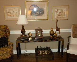 Oriental Style Sofa/Hall Table, Howard Miller Mantel Clock (with Key, Hand Carved Giraffe, Brass Decorator 